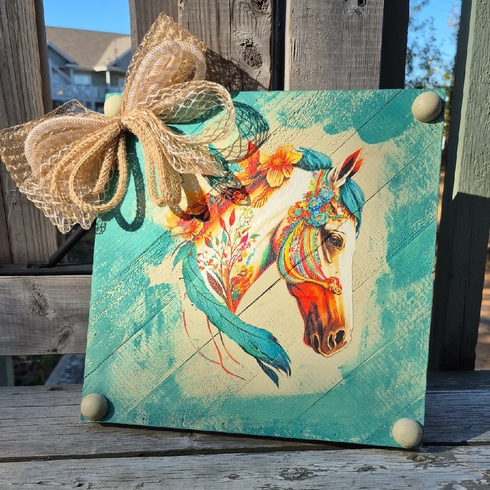 Teal Horse Print Art On Wood with Bow 12x12,  New Handmade